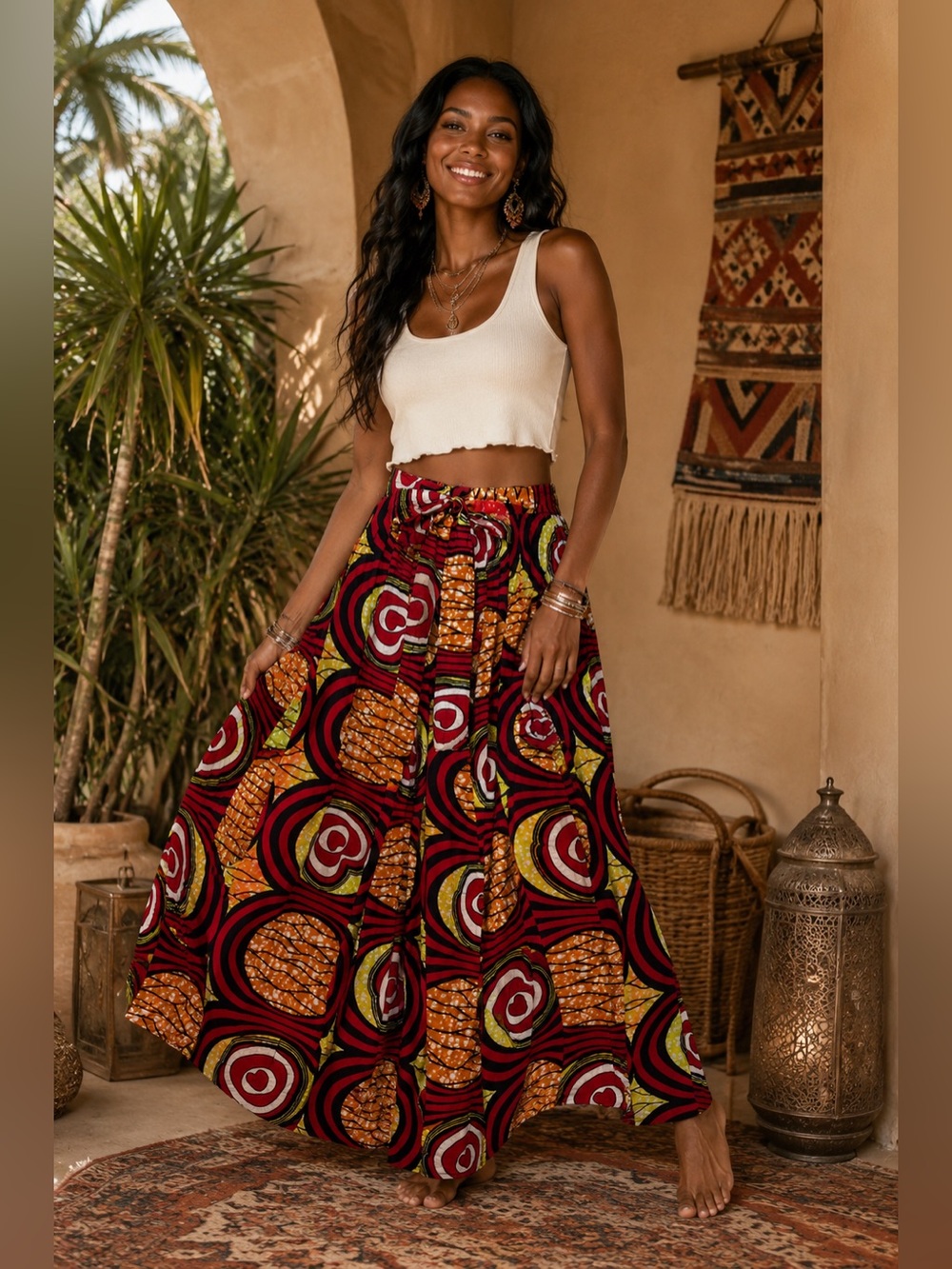 Boho African Print Maxi Skirt | Tie Waist | Side Pockets | Full Sweep